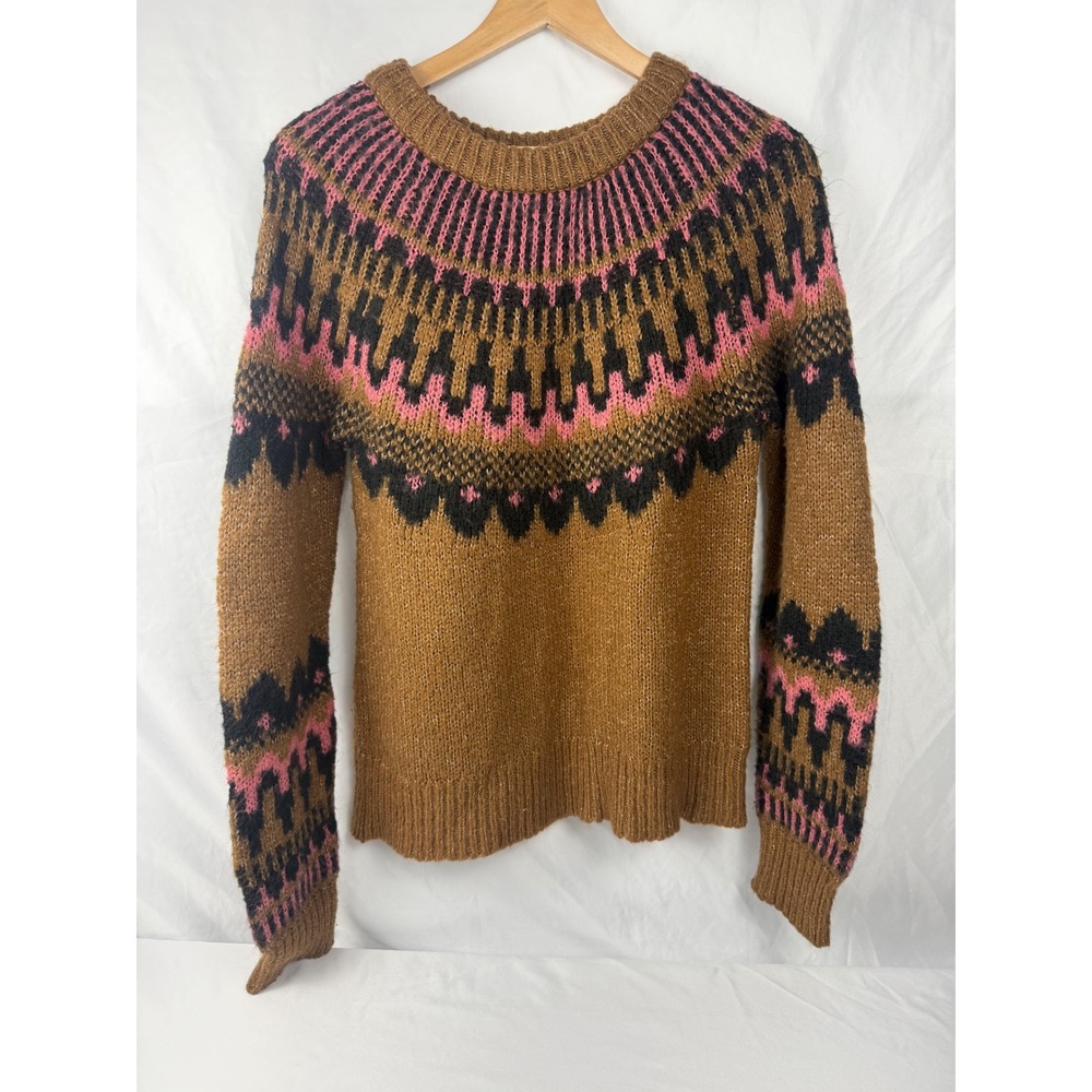 Knox Rose S Brown Pink Fair Isle Yoke Pullover Sweater‎ Boho Knit Crewneck #mc